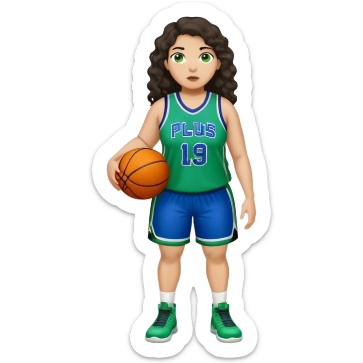 full body plus size light skin latino women basketball player with wavy dark hair large wide nose wearing blue with green uniform sticker