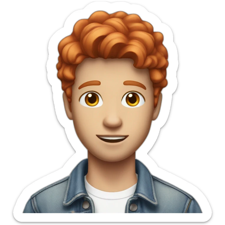 white young man in jean jacket and white t-shirt with short wavy red hair sticker