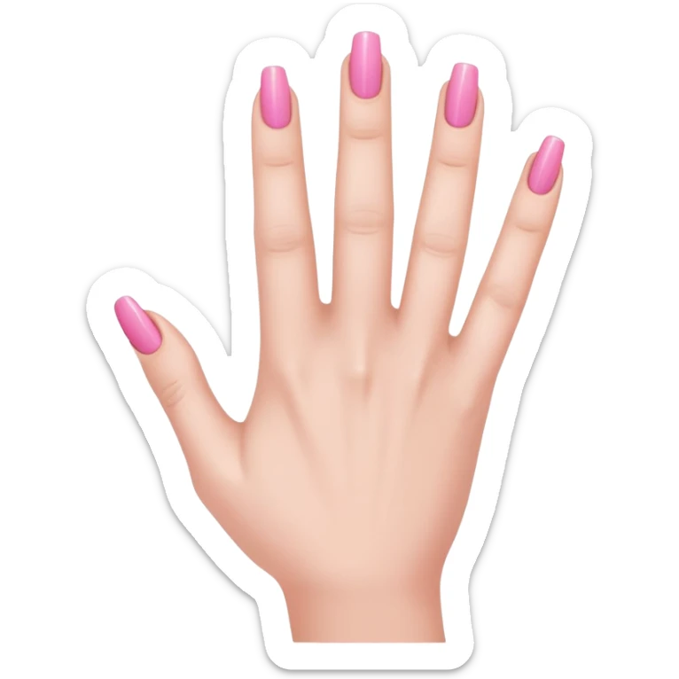  pink  close-up of a human hand with exactly five fingers, beautifully manicured nails, glossy pink nail polish, elegant nail shape, soft lighting, realistic style, isolated on transparent background" sticker