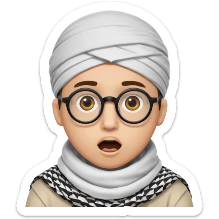 A person with light skin tone, wearing a traditional white keffiyeh with a black agal, large brown eyes, round glasses, and an open mouth showing a surprised or shocked expression. sticker