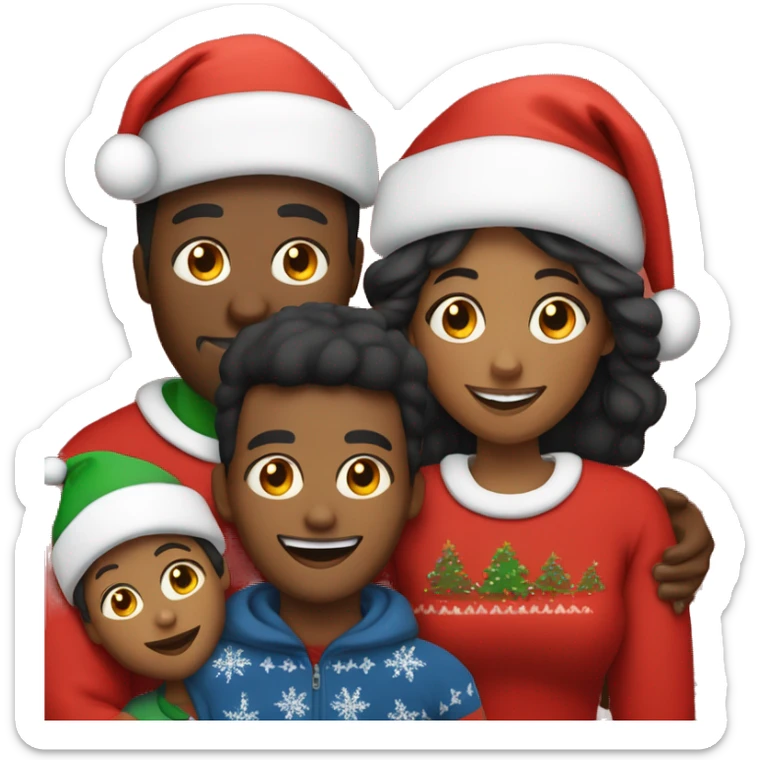 A Black family of four members with Dad, Mom, Son, and daughter. All wearing Christmas sweaters and Santa hats.  sticker