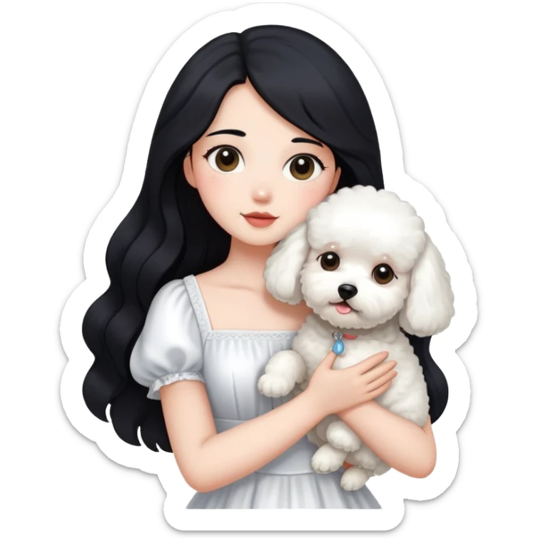 A beautiful girl with long black hair wearing a white dress holds a small white Bichon Frise in her arms sticker