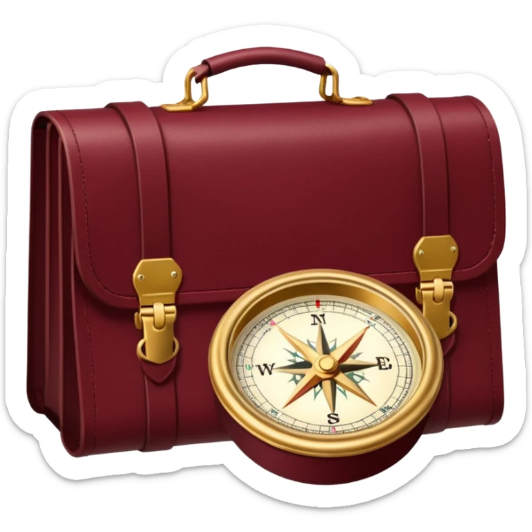 burgundy travel item and  a gold compass in the lower right corner of the emoji in front of travel item sticker