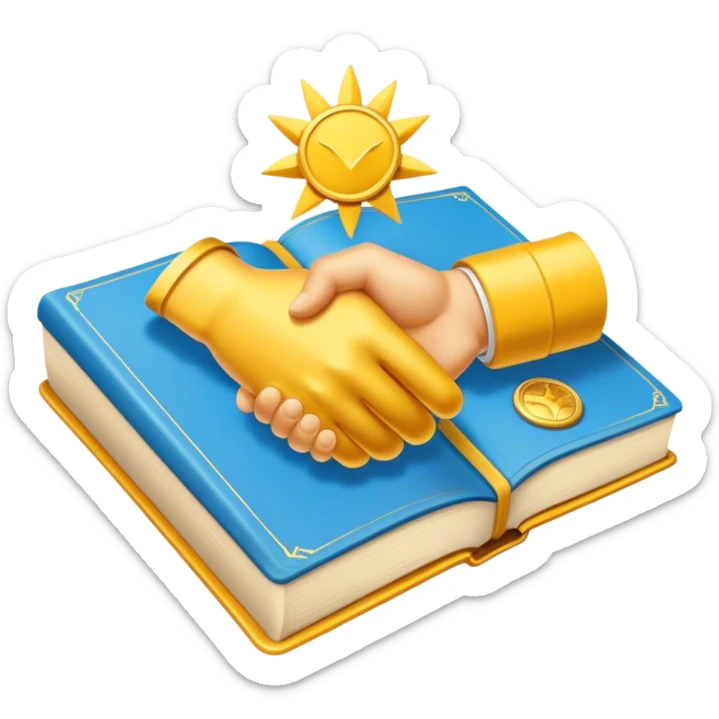 A golden yellow book with sky blue details, smooth texture, and an emblem of a handshake, sunburst, or speech bubble, radiating warmth, charisma, and the power of influence through connection. sticker