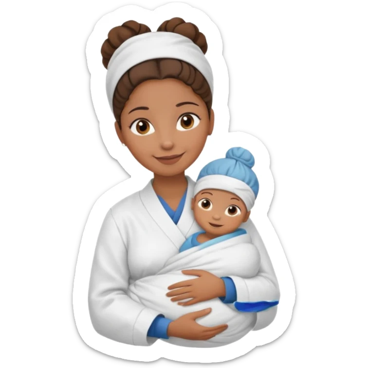 Female nurse smiling with a hair bun on top of head with medium brown skin and brown eyes holding one new born  sticker