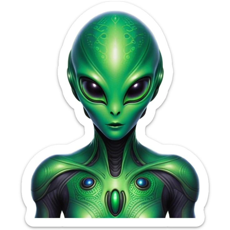 a portrait of an alien wearing a sleek alien suit, focusing on its upper half. it has a bright green head with large, black oval eyes and smooth skin, exuding a futuristic and otherworldly vibe. the suit is metallic and form-fitting, featuring intricate patterns and glowing accents, set against a cosmic background with soft, ethereal lighting sticker