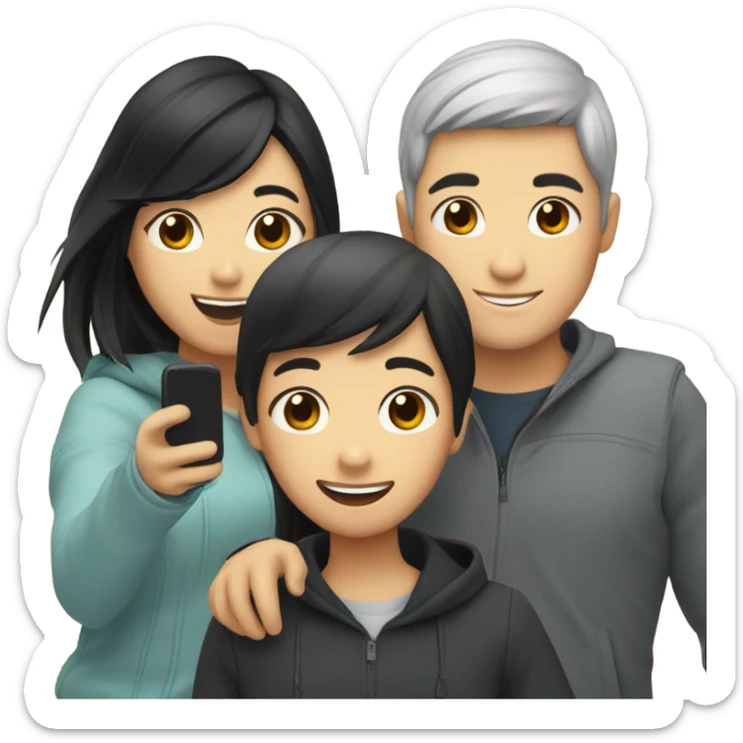Three best friends: one Asian guy, one girl with straight black hair, and one girl with light hair. Making selfie  sticker
