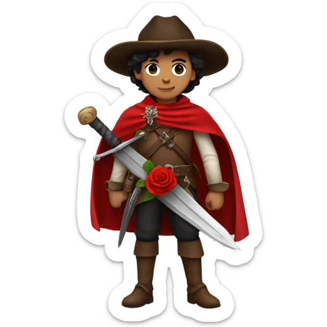 canela skin boy dark hair musketeer with hat and red rose shoulder medieval cape and sword sticker