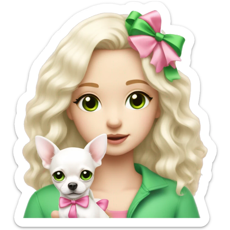 pale blond yt girl with wavy long platinum white hair with bright green eyes holding a white chihuahua puppy that wearing a pink bow sticker