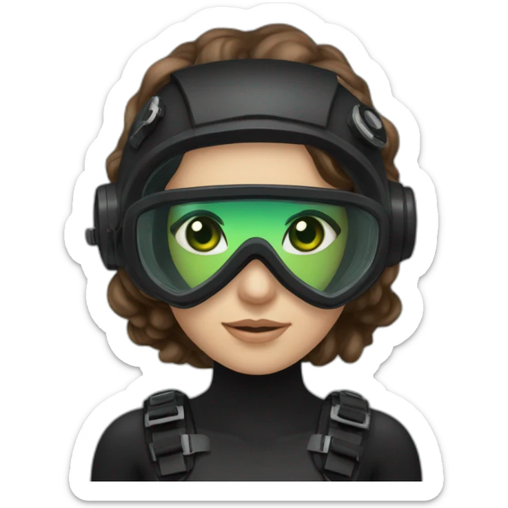 woman large brown hair, black diving mask with a single crystal, green eyes, scubadiving gear sticker