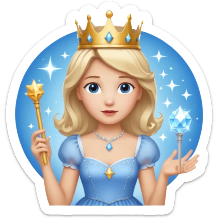 dorothy queen blonde hair, white dress with magic wand, rounded sparcle, and crown on head.Decolded blue dress sticker