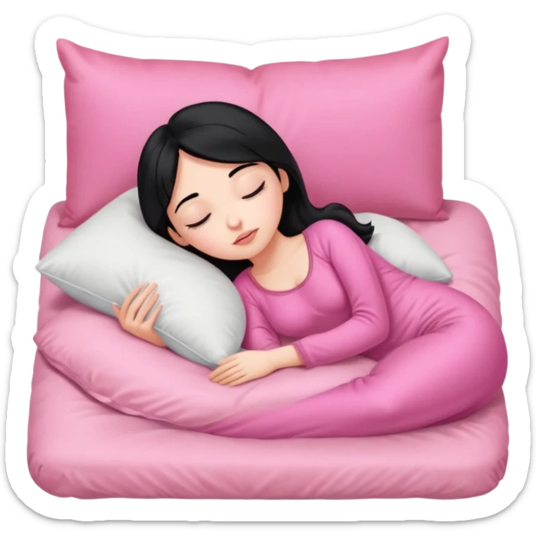 Sleeping on the pillow in bed, beauty hot and pretty Pale girl with medium high black hair wearing sexy pink sleepwears sticker