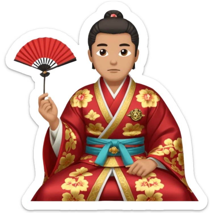 Wealthy warlord in ornate kimono, crest on chest, seated with fan in hand. sticker