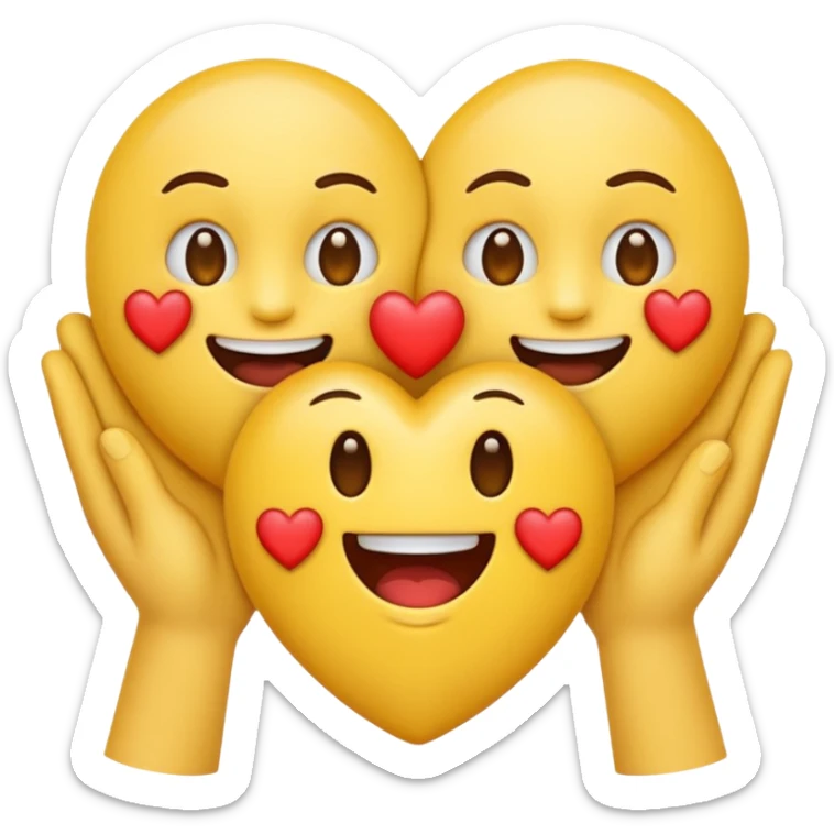 emoji with a round yellow face, mouth exactly like 😁 (big smile with teeth), hands like 🤗 (open forward), and three hearts like 🥰 in the same position. sticker