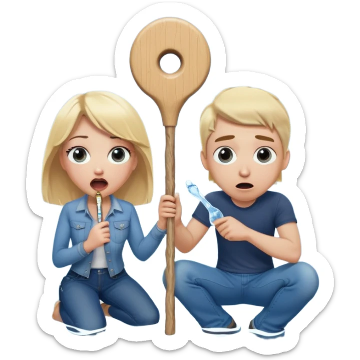 blond woman sitting on her knees with wide eyes, another man in jeans is staying (not sitting) on her left, she's holding a wide skin-colored stick with a D-shaped knob, the stick and the nob have skin texture, water squirting from the knob into her mouth, shocked face sticker