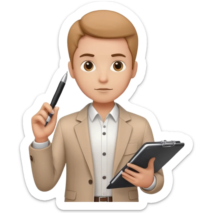 a person holding a checklist and pen, wearing smart casual clothing. The character is in a focused pose sticker