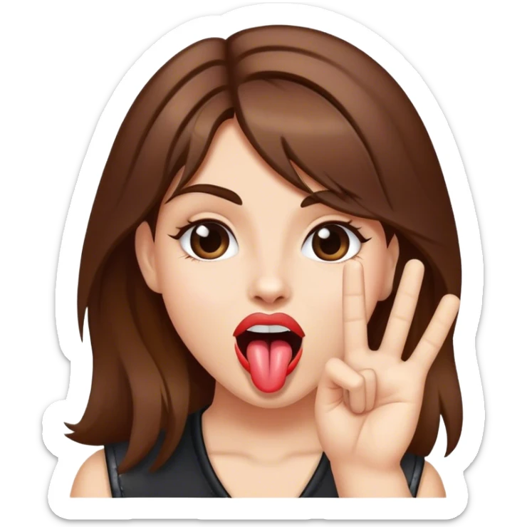 A girl with brown hair shows her tongue and shows rock-n-roll sign sticker