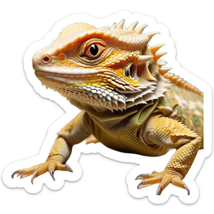 Cinematic Noble Bearded Dragon Portrait Emoji, Poised and regal, with a robust, angular build and a textured, scaled hide in earthy olive and sandy tones, a prominent spiky 'beard' beneath its chin and a keen, alert gaze, Simplified yet sharp and sophisticated features, highly detailed, glowing with a soft, dignified glow, high shine, intelligent and fierce, stylized with an air of desert majesty, focused and attentive, soft glowing outline, capturing the essence of a watchful and commanding reptile, so majestic it feels as though it could scuttle out of the screen with effortless authority! sticker