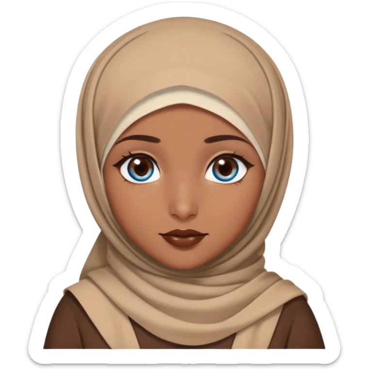 Turkish beautiful finish Konya girl blue eyes with brown beige hijab islamic dress and had on her hand brown lipstick sticker