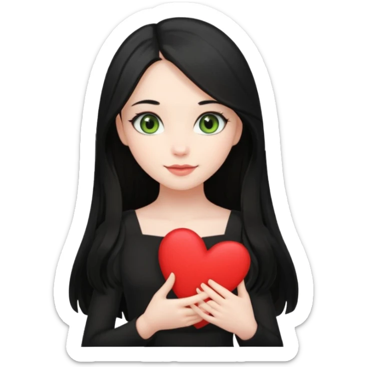 Pale girl with long black hair and olive green eyes soft smile wearing black dress and holding a heart sticker