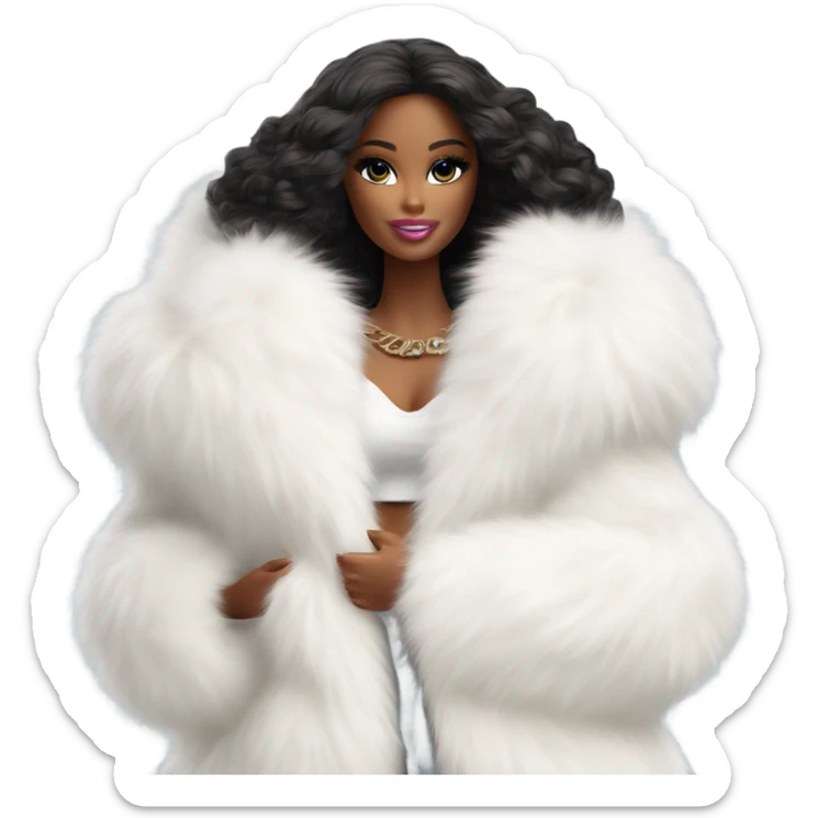 Barbie in an extremely big fluffy oversized white fur coat with hood on. The fur is real and it’s very obvious big and fluffy like in Pinterest  sticker