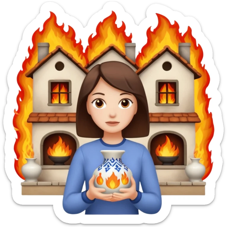woman holding 2 vases in her hand in front of a burning house sticker