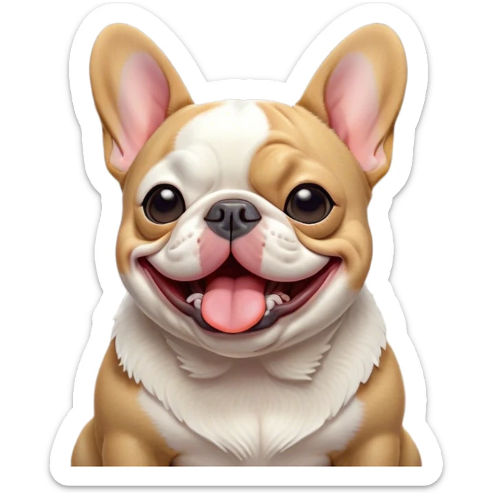 Cinematic Cute Yawning Pied French Bulldog Portrait Emoji, Head tilted with an exaggerated, endearing yawn and sleepy, squinty eyes, showcasing a unique pied fur of contrasting colors with a playful expression, simplified yet irresistibly adorable, highly detailed, glowing with a soft, cozy radiance, high shine, exuding a relaxed, humorous charm, styled with a gentle, soft glowing outline, capturing the essence of a Pied French Bulldog in a blissfully cute yawn that warms the heart! sticker