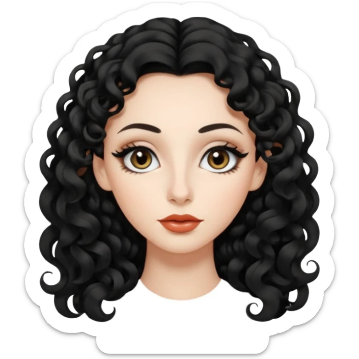 persona mujer con piel clara y rizos suaves color negro y largos  y sin volumen y con delineador en los ojos y con los labios medianos, ojos almendrados y nariz respringada y el fondo blanco sticker