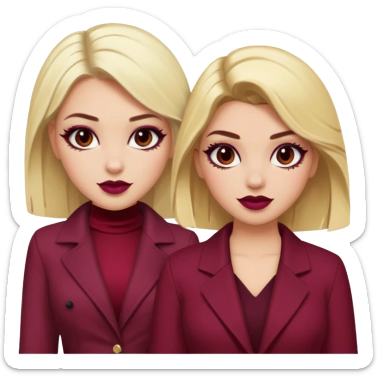 Boujy baddie best friends blonde and brunette, trendy heavy makeup, burgundy clothes sticker