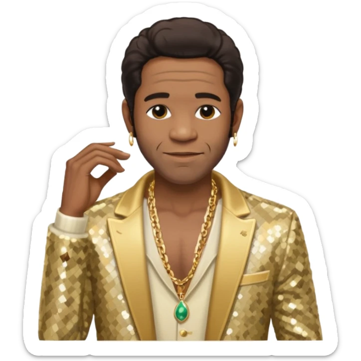 Al Green with dark brown hair, cream sequin jacket, shirtless with necklace sticker