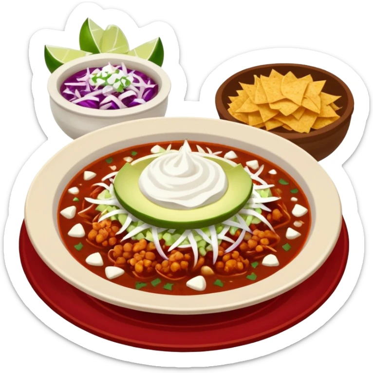 hot pozole rojo with steam, hominy, and sides: onions, shredded cabbage, lime wedges, red chile de arbol salsa, and tostadas lightly smeared with sour cream sticker