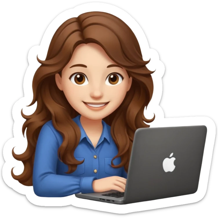 Sitting in front of a laptop in the style of a cute female developer. Not wearing glasses, smiling with long hair waves. Early 20s
 sticker