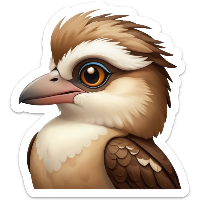 Cinematic Noble Kookaburra Portrait Emoji, Poised and regal, with a stout, robust build and a striking plumage of earthy browns and creams, a strong beak and deep-set soulful eyes, Simplified yet sharp and sophisticated features, highly detailed, glowing with a soft, dignified glow, high shine, intelligent and exuberant, stylized with an air of native woodland majesty, focused and attentive, soft glowing outline, capturing the essence of a watchful and confident bird, so majestic it feels as though it could laugh out of the screen with effortless authority! sticker