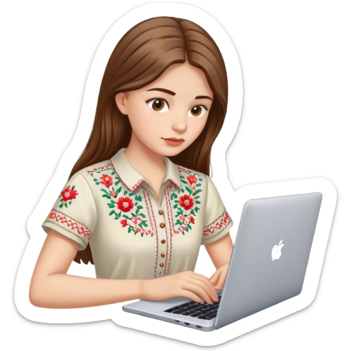 A Ukrainian girl with brown hair in an embroidered shirt works at her laptop sticker