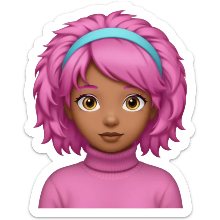 brown fluffy haired girl with pink turtleneck sweater and pink hair band sticker