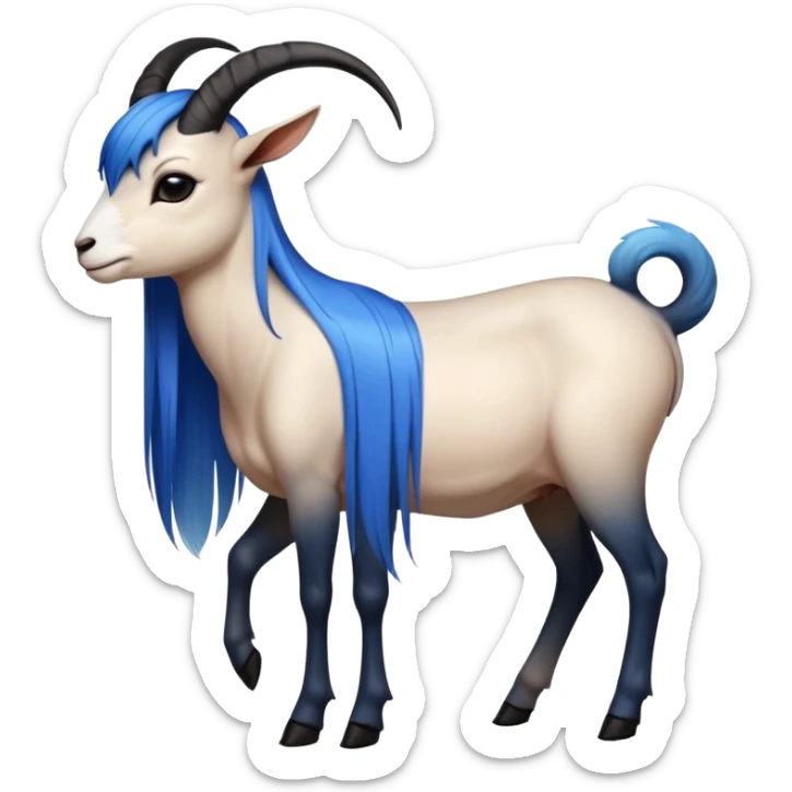 Art of woman's very sexy body scheme anatomy-very long straight black to blue hair ombre-left side view-small goat horns sticker