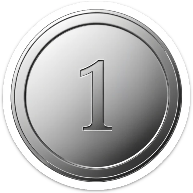 Emoji icon of a metal coin with engraved number 1, minimalist style, isolated, only metal color sticker