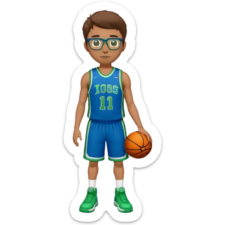 full body white male basketball player with brown hair wearing glasses in blue an green uniform sticker