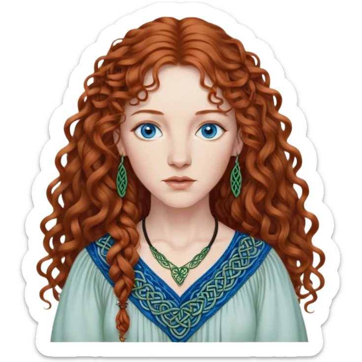 a detailed portrait of loreena mckennitt, focusing on her upper half. she has long, curly auburn hair, fair skin, and piercing blue eyes. wearing a flowing blouse with Celtic-inspired embroidery, highlights her serene and contemplative expression sticker