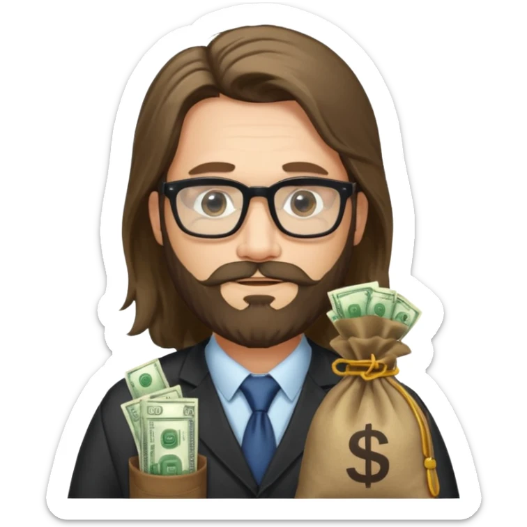 Un emprendedor (emoji con ordenador) de unos 50 años con barba y pelo largo más gafas de pasta y con un icono de ordenador y una bolsa de dinero sticker