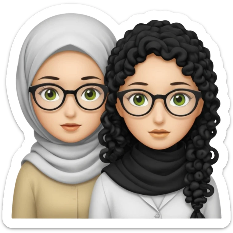White hijabi girl with black eyes and black long hair white girl and black eyes wearing glasses and a white skin girl with curly honey hair and green eyes sticker