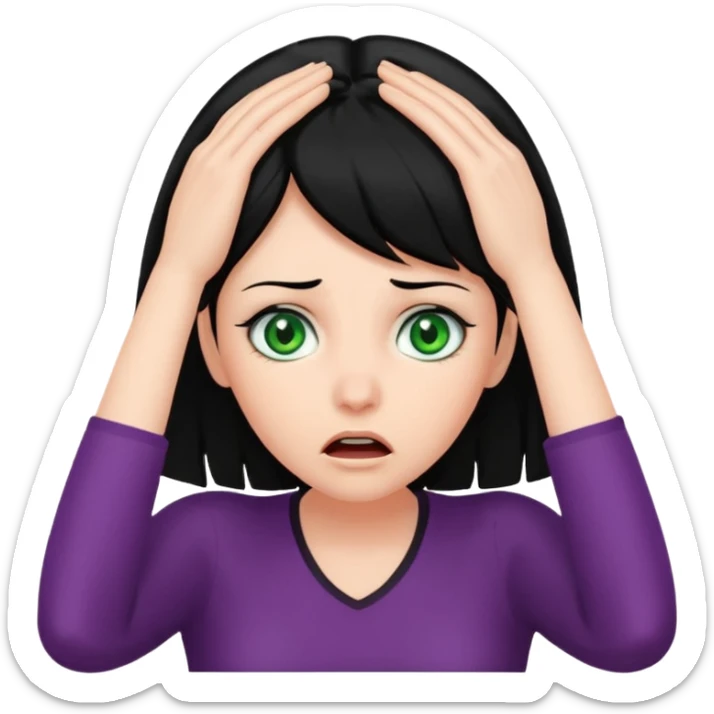 A realistic waist-up portrait of a frightened woman with her hands on her head, black hair and green eyes sticker