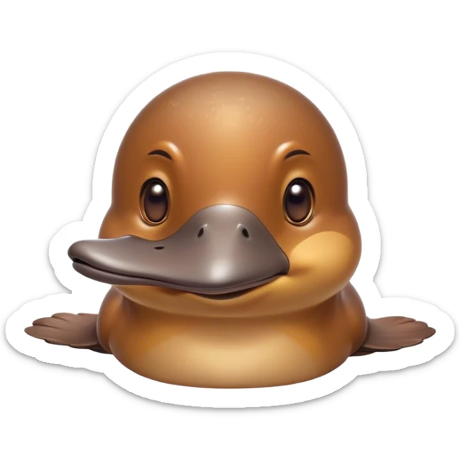 Cinematic Cute Platypus Portrait Emoji, Head tilted playfully and inquisitively, featuring a glossy brown fur with a charming, flat duckbill and round, sparkling eyes brimming with quirky wonder, Simplified yet irresistibly adorable features, highly detailed, glowing with a warm, friendly glow, high shine, affectionate and whimsical, stylized with a touch of aquatic playfulness, bright and endearing, soft glowing outline, capturing the essence of a mischievous yet lovable platypus, so playful it feels like it could waddle out of the screen into your arms! sticker