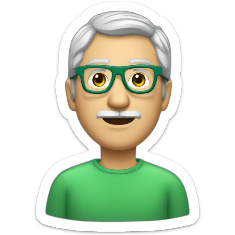 50 year old caucasianman with very short stubbled gray hair, wearing puma glasses with a green rim having a three days' stubbled beard sticker