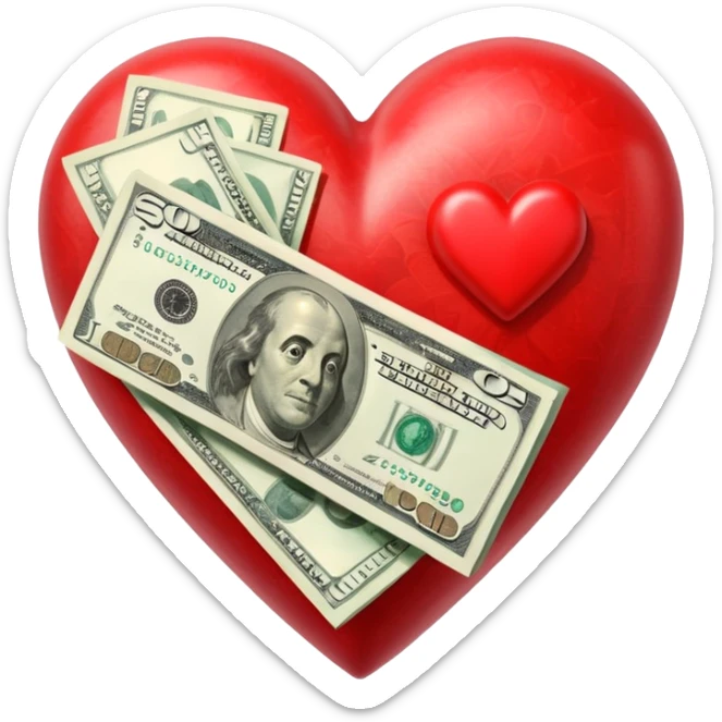 "Realistic HD red heart fused with money, cash integrated into the heart, glossy texture, clean white background." sticker