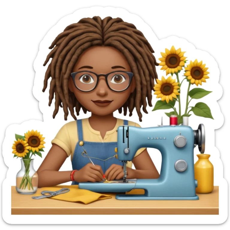 A beautiful African American girl, flawless medium skin tone, glasses, slightly rosey cheeks, natural chin length dread locks, sitting with her sewing machine, and a vase of sunflowers, slightly grinning as she sews, still life, 3D render, colorful highly detailed, 4k, no emoji icons, no emoji faces sticker