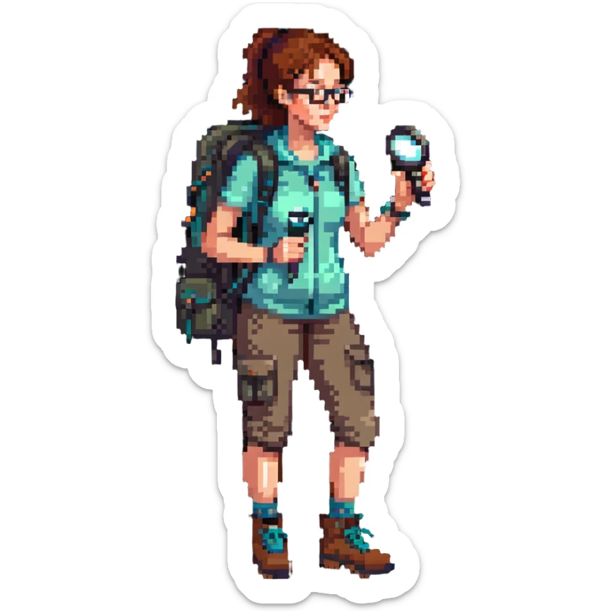 Very happy excited woman in her 40s with glasses wearing sporty outfit, hiking boots, and backpack, holding a magnifying glass sticker