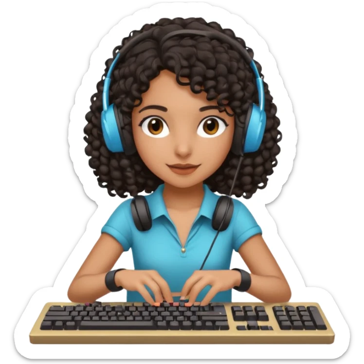 Dark Spanish girl with dark curly hair, wearing a gaming headset and playing with keyboard and mouse   sticker