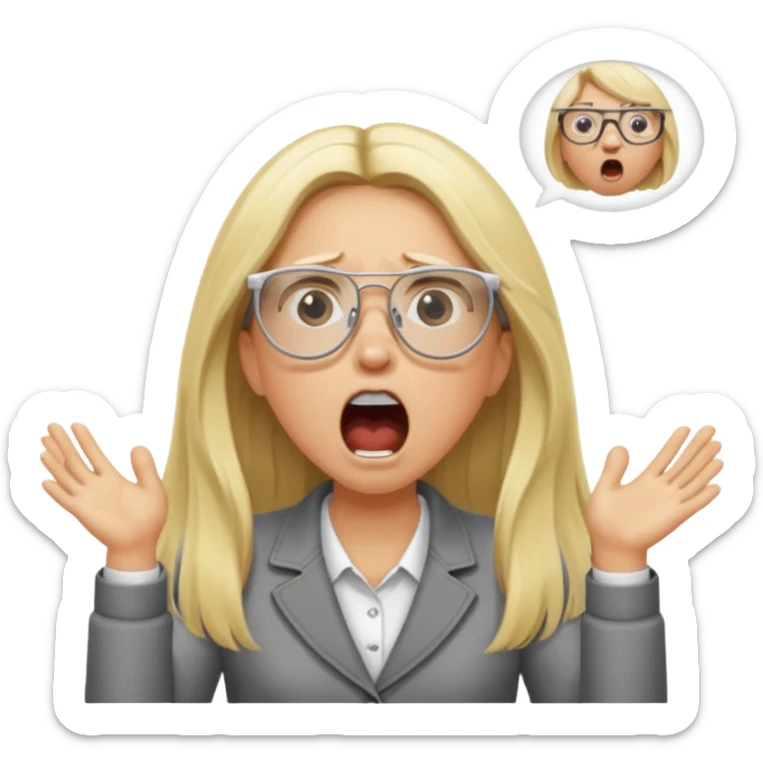 blonde girl with long hair, white glasses, shouting bad words sticker