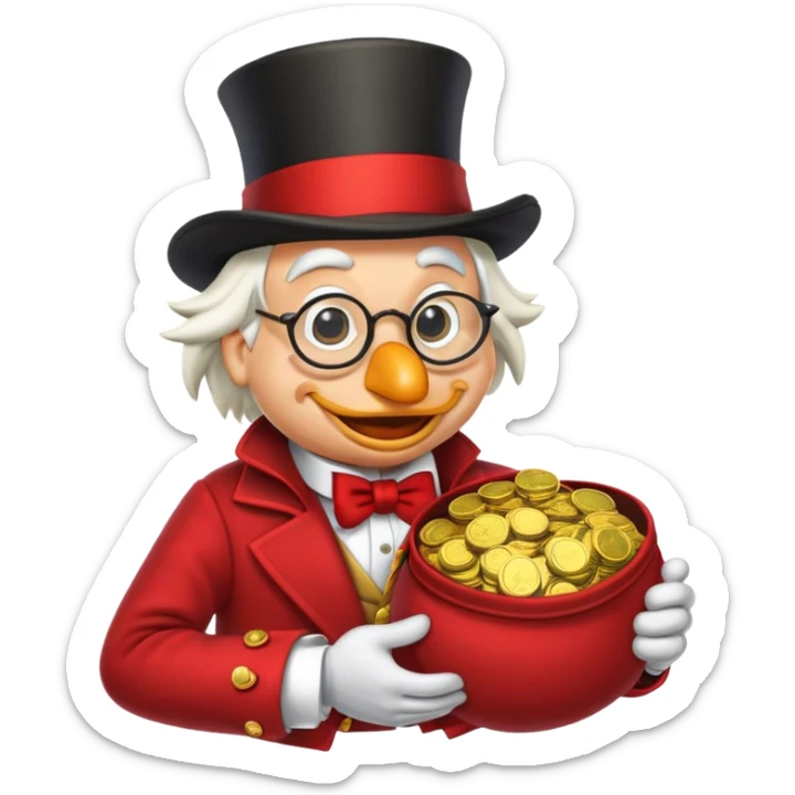A detailed emoji of Scrooge McDuck, wearing his iconic top hat, round glasses, and red coat, holding a bag of gold coins, with a mischievous grin, in a cartoonish and vibrant style. sticker